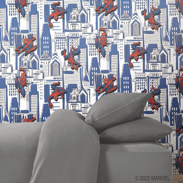 Spider-Man Cityscape Blue Peel & Stick Wallpaper with Marvel Licensed City Pattern - York RMK12459RL