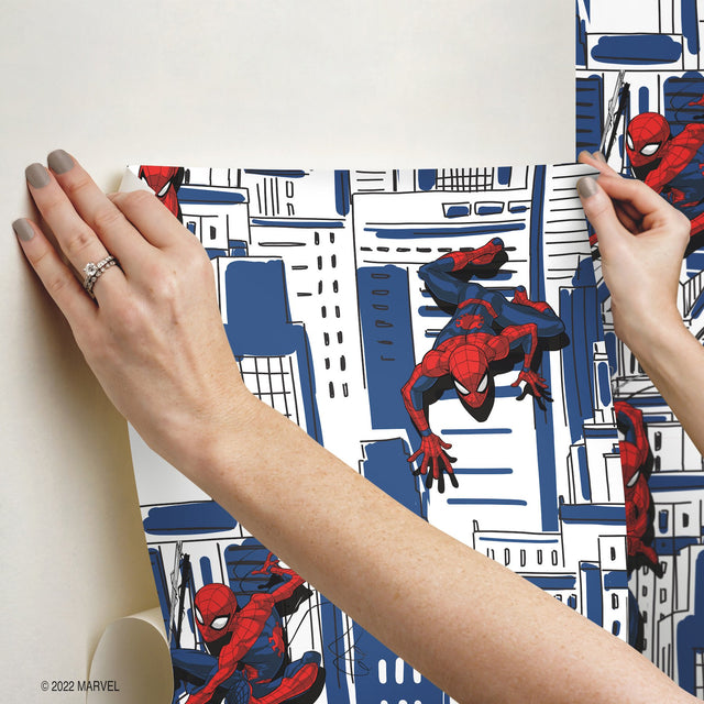 Spider-Man Cityscape Blue Peel & Stick Wallpaper with Marvel Licensed City Pattern - York RMK12459RL