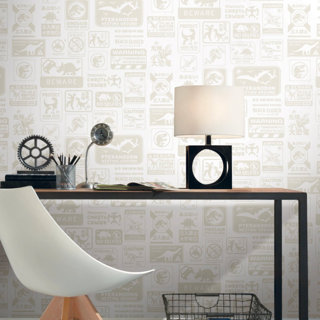 Jurassic World: Dominion Signs Beige Peel & Stick Wallpaper with Warning Sign Motif - York RMK12461RL