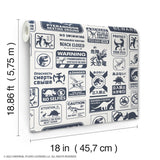 Jurassic World: Dominion Signs Blue Peel & Stick Wallpaper with Dinosaur Warning Sign Motif - York RMK12462RL