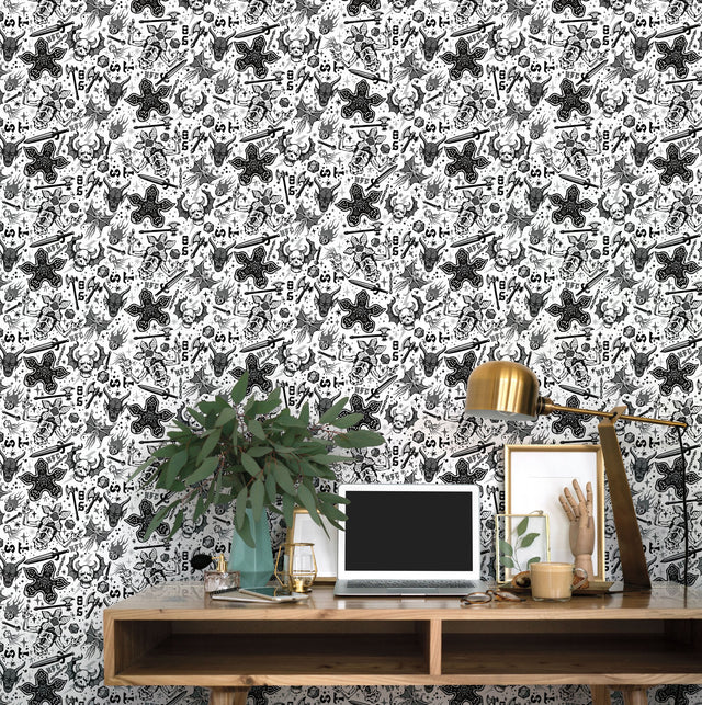 Stranger Things Hellfire Club Black Peel & Stick Wallpaper with Whimsical Novelty Pattern - York RMK12464RL