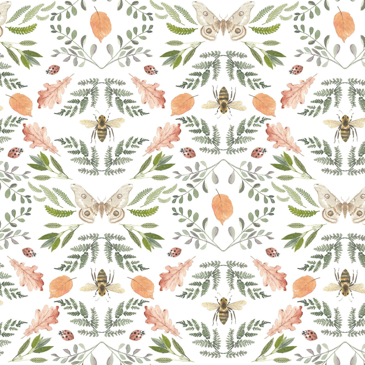 Forest Cottage Bee & Butterfly White Peel & Stick Wallpaper with Botanical Insect Motif - York RMK12470PLW
