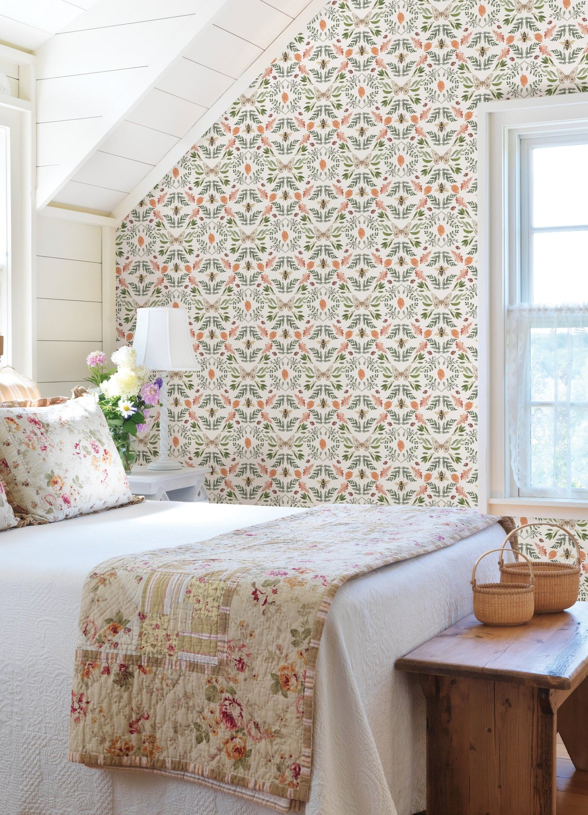Forest Cottage Bee & Butterfly White Peel & Stick Wallpaper with Botanical Insect Motif - York RMK12470PLW