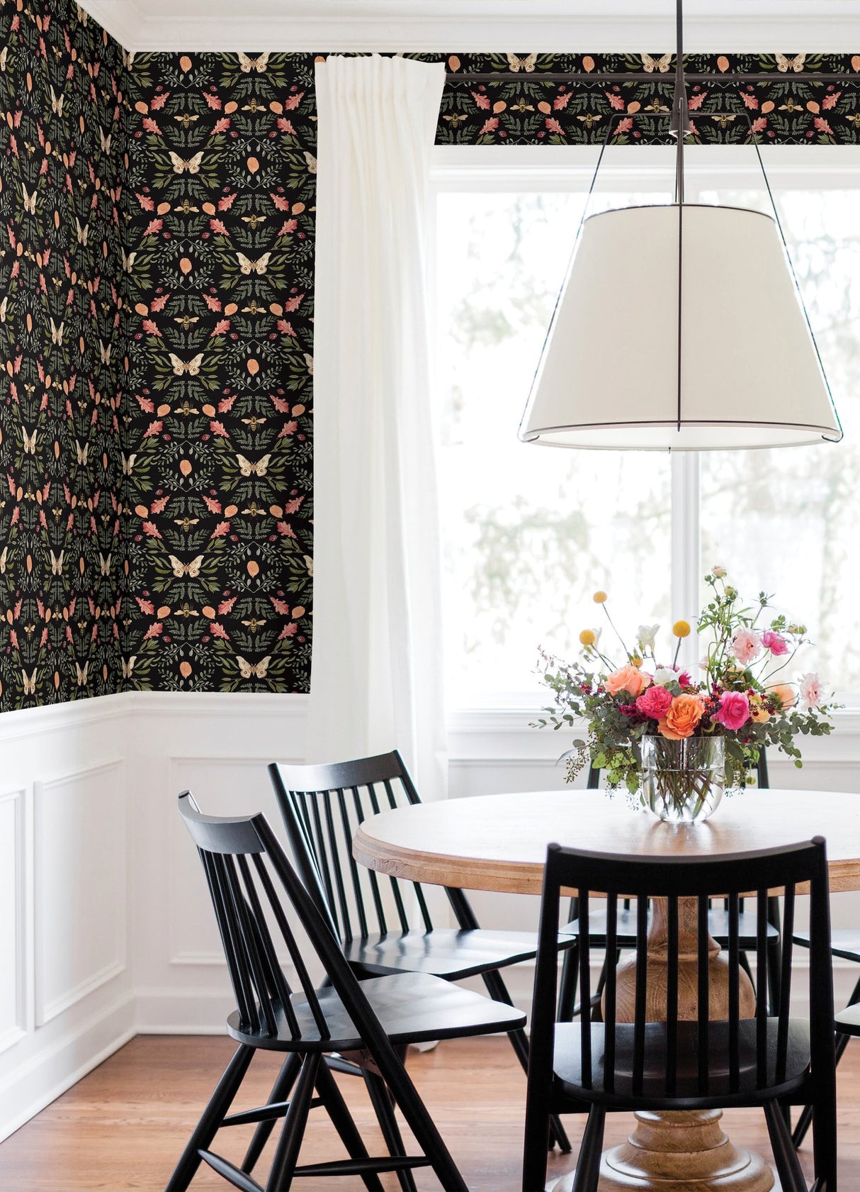 Penny Lane Forest Cottage Bee & Butterfly Black Peel & Stick Wallpaper with Botanical Insect Motif - York RMK12471PLW