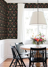Penny Lane Forest Cottage Bee & Butterfly Black Peel & Stick Wallpaper with Botanical Insect Motif - York RMK12471PLW