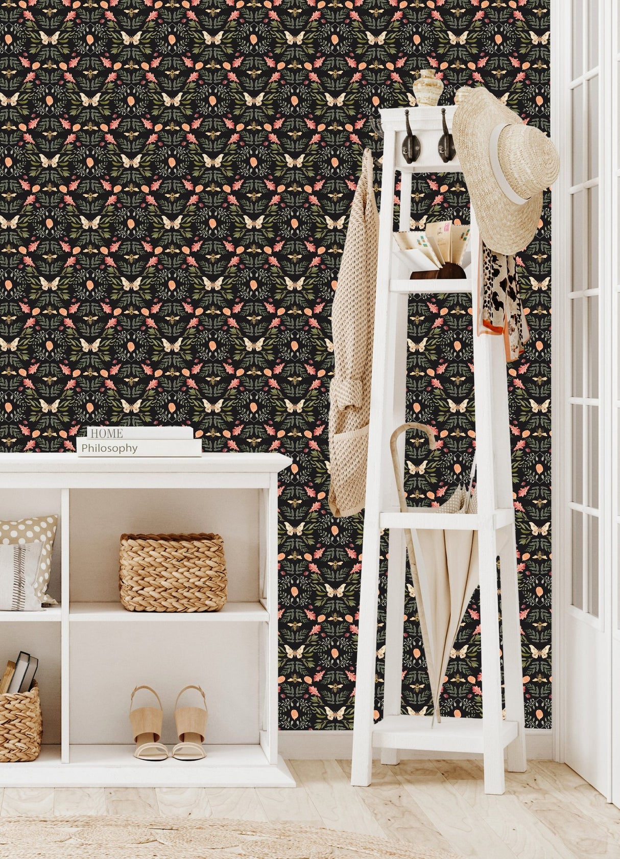 Penny Lane Forest Cottage Bee & Butterfly Black Peel & Stick Wallpaper with Botanical Insect Motif - York RMK12471PLW
