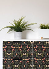 Penny Lane Forest Cottage Bee & Butterfly Black Peel & Stick Wallpaper with Botanical Insect Motif - York RMK12471PLW
