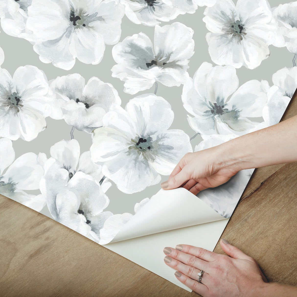 Hawthorn Blossom Grey Peel & Stick Wallpaper with Modern Botanical Floral Pattern - York RMK12514RL