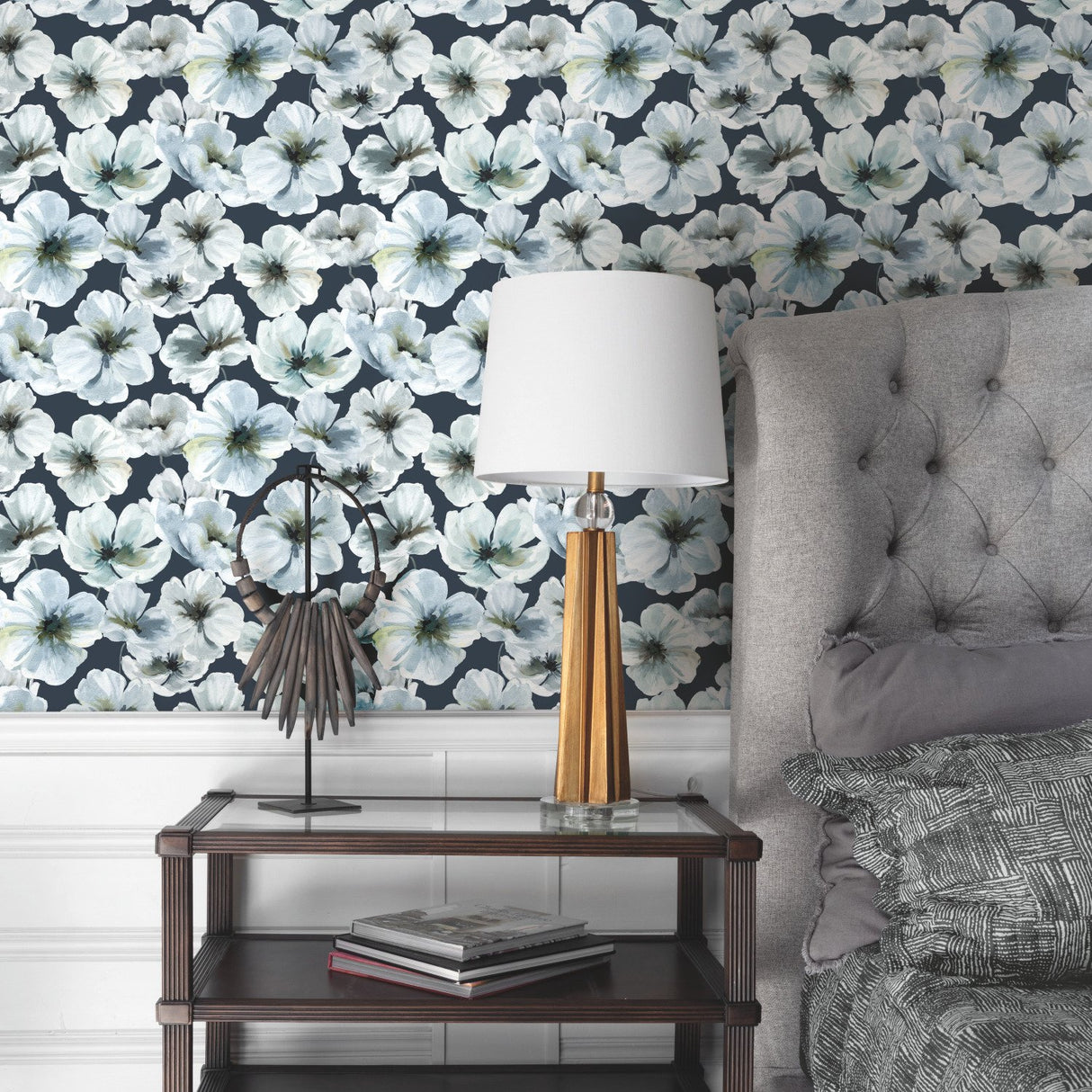 Hawthorn Blossom Navy Peel & Stick Wallpaper with Modern Botanical Floral Pattern - York RMK12516RL