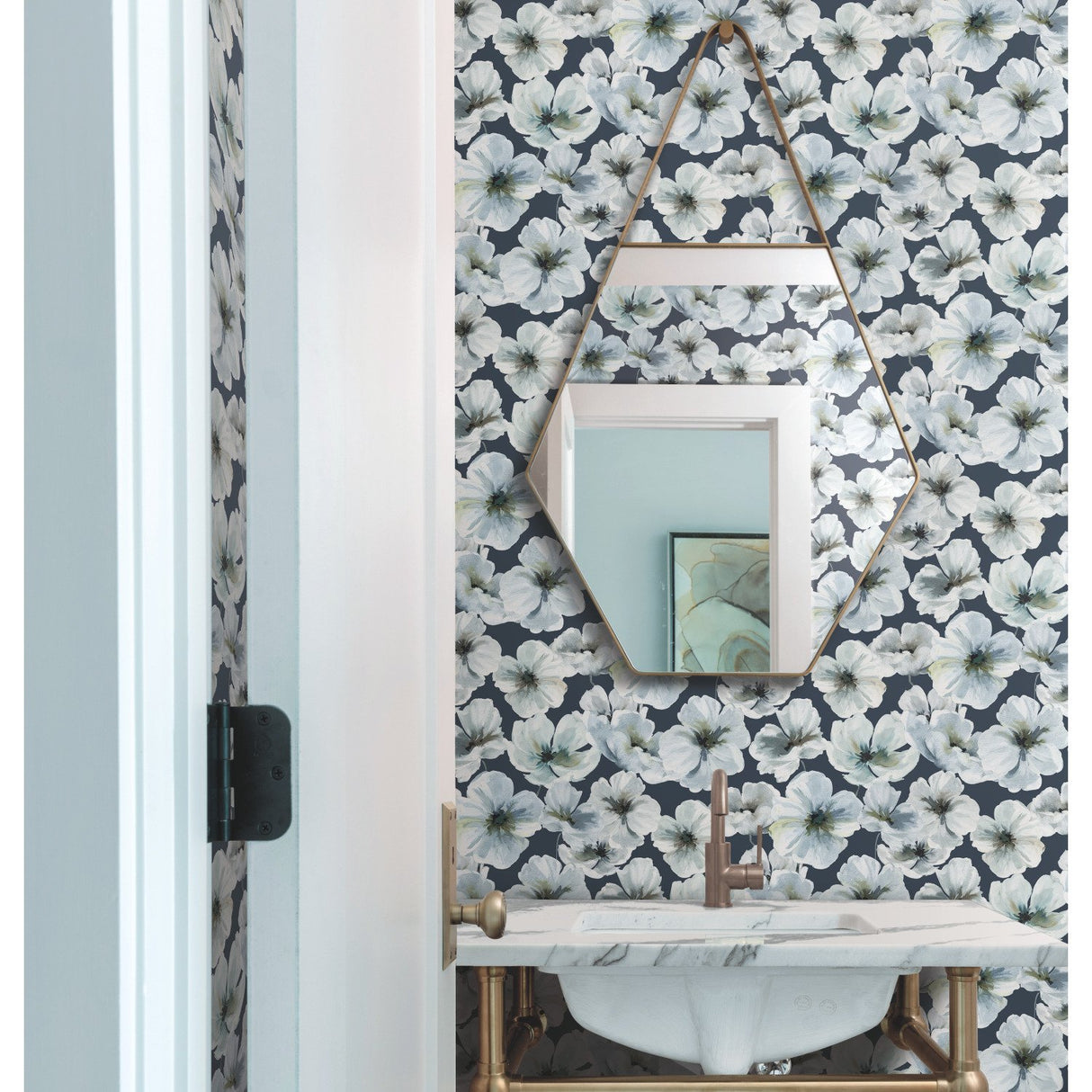 Hawthorn Blossom Navy Peel & Stick Wallpaper with Modern Botanical Floral Pattern - York RMK12516RL