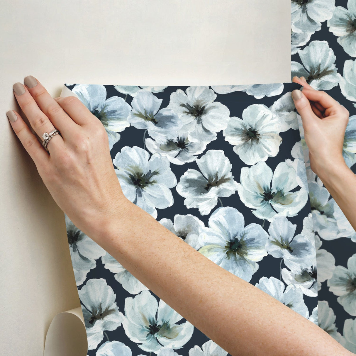 Hawthorn Blossom Navy Peel & Stick Wallpaper with Modern Botanical Floral Pattern - York RMK12516RL