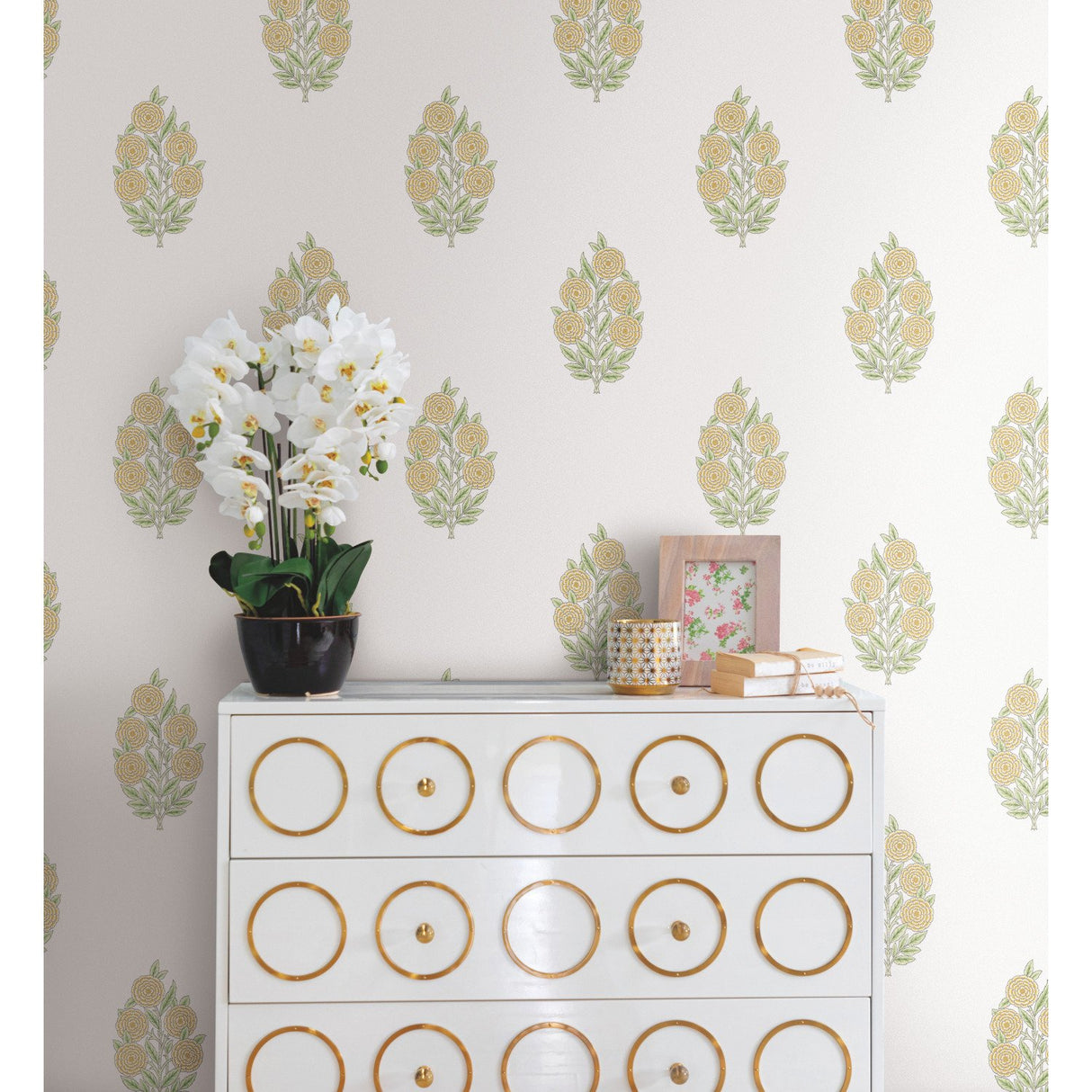 Dutch Floral Yellow Peel & Stick Wallpaper with Modern Botanical Flowers Pattern - York RMK12518RL