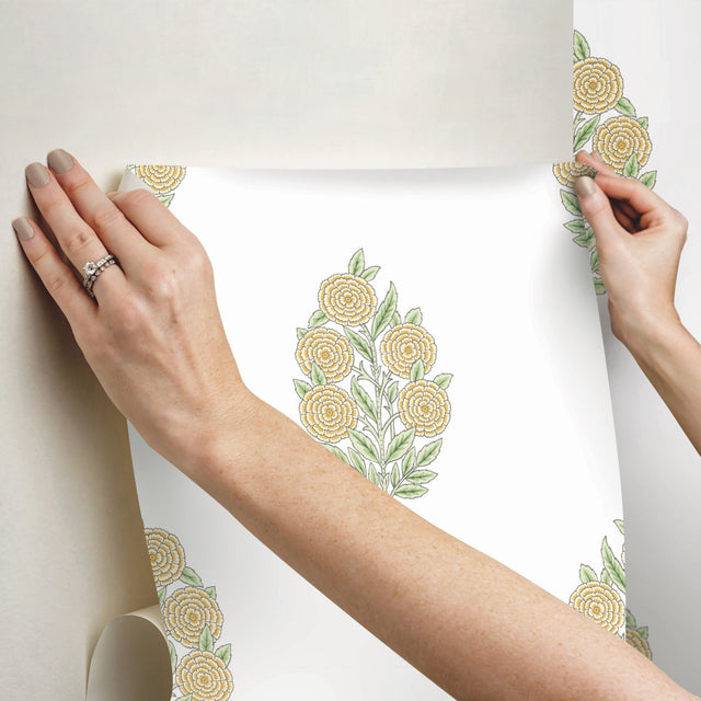 Dutch Floral Yellow Peel & Stick Wallpaper with Modern Botanical Flowers Pattern - York RMK12518RL