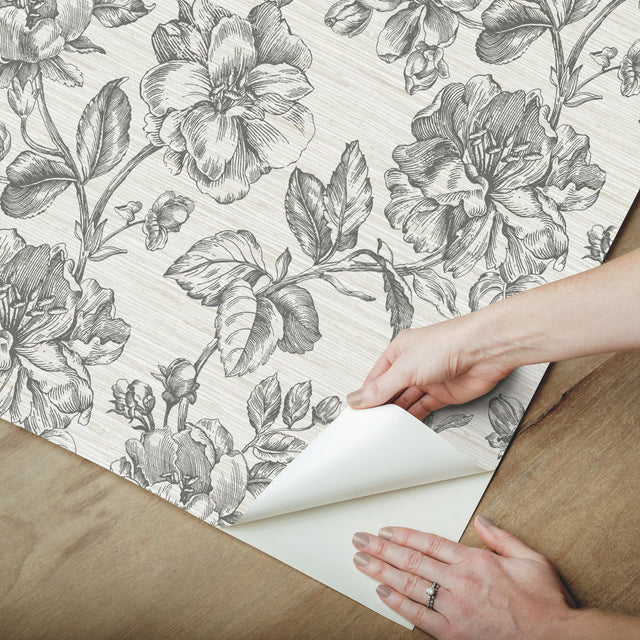 Flower Girl Charcoal Peel & Stick Wallpaper with Modern Botanical Flowers Pattern - York RMK12519RL