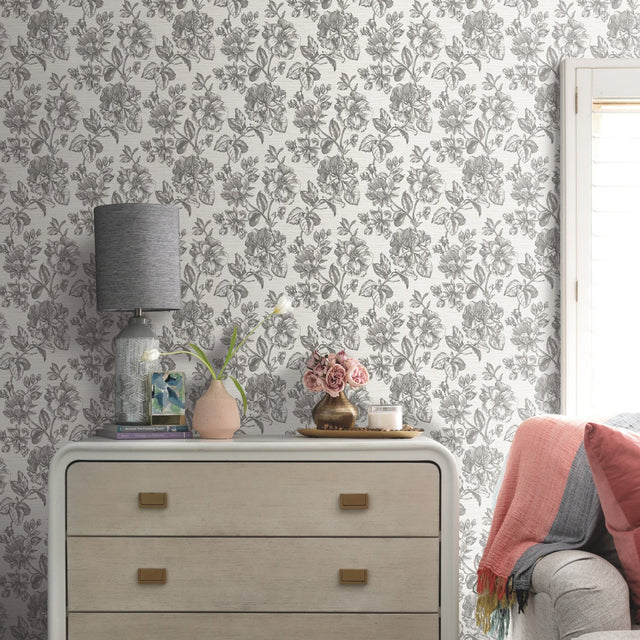 Flower Girl Charcoal Peel & Stick Wallpaper with Modern Botanical Flowers Pattern - York RMK12519RL