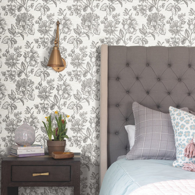 Flower Girl Charcoal Peel & Stick Wallpaper with Modern Botanical Flowers Pattern - York RMK12519RL