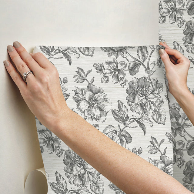 Flower Girl Charcoal Peel & Stick Wallpaper with Modern Botanical Flowers Pattern - York RMK12519RL