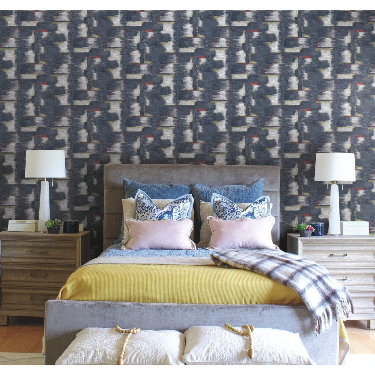 Modern Ikat Navy Peel & Stick Wallpaper with Abstract Ikat Pattern, Modern Style - York RMK12526RL