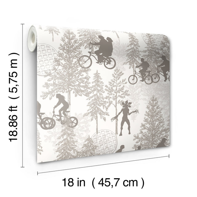 Stranger Things Hawkins Woods Off-White Peel & Stick Wallpaper with Novelty Whimsical Forest Motif - York RMK12544RL