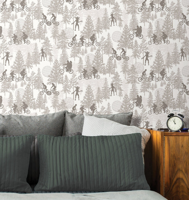 Stranger Things Hawkins Woods Off-White Peel & Stick Wallpaper with Novelty Whimsical Forest Motif - York RMK12544RL