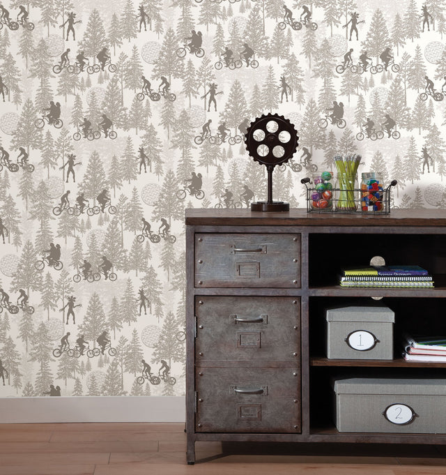 Stranger Things Hawkins Woods Off-White Peel & Stick Wallpaper with Novelty Whimsical Forest Motif - York RMK12544RL
