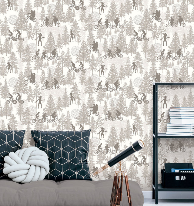 Stranger Things Hawkins Woods Off-White Peel & Stick Wallpaper with Novelty Whimsical Forest Motif - York RMK12544RL
