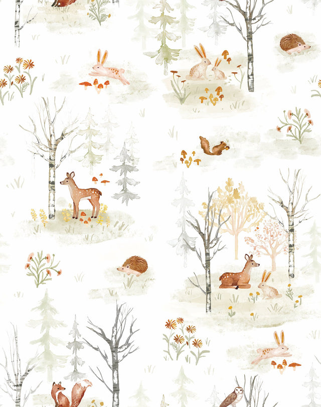 Clara Jean Woodland Scene Neutral Peel & Stick Vinyl Wallpaper with Whimsical Forest Animals - York RMK12556PLW