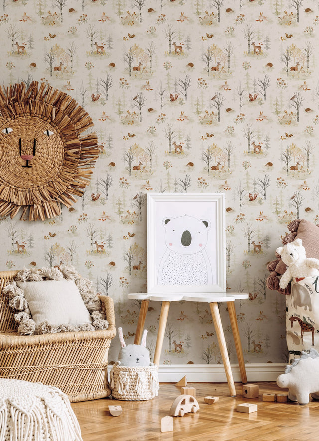 Clara Jean Woodland Scene Neutral Peel & Stick Vinyl Wallpaper with Whimsical Forest Animals - York RMK12556PLW