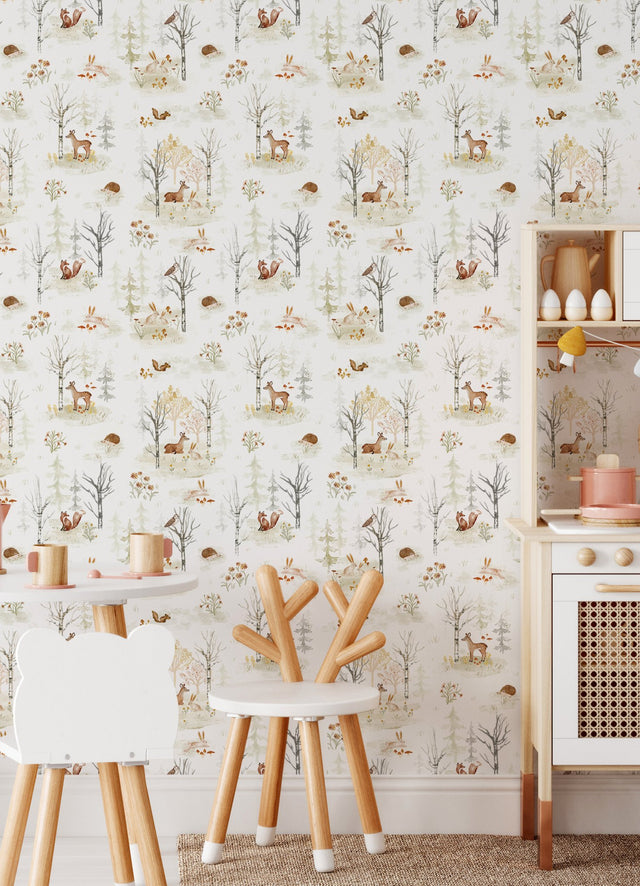 Clara Jean Woodland Scene Neutral Peel & Stick Vinyl Wallpaper with Whimsical Forest Animals - York RMK12556PLW