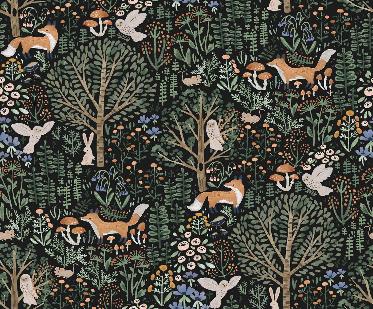 Clara Jean Folklore Forest Black Peel & Stick Wallpaper with Scandinavian Woodland Animal Motif - York RMK12558PLW