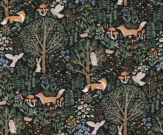 Clara Jean Folklore Forest Black Peel & Stick Wallpaper with Scandinavian Woodland Animal Motif - York RMK12558PLW