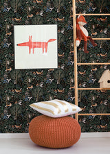 Clara Jean Folklore Forest Black Peel & Stick Wallpaper with Scandinavian Woodland Animal Motif - York RMK12558PLW