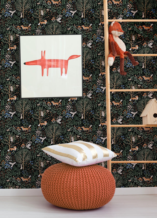 Clara Jean Folklore Forest Black Peel & Stick Wallpaper with Scandinavian Woodland Animal Motif - York RMK12558PLW