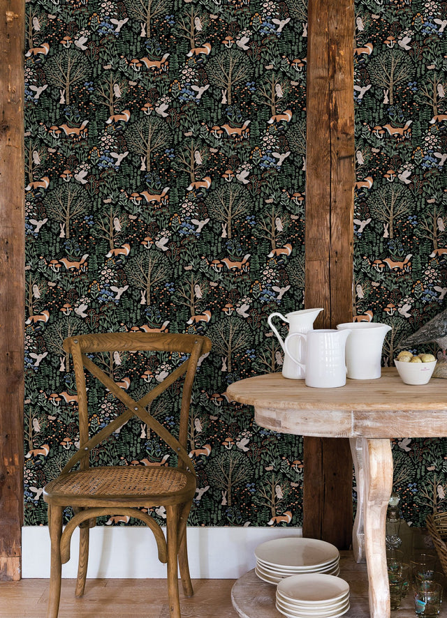 Clara Jean Folklore Forest Black Peel & Stick Wallpaper with Scandinavian Woodland Animal Motif - York RMK12558PLW