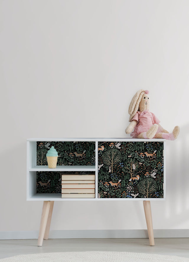 Clara Jean Folklore Forest Black Peel & Stick Wallpaper with Scandinavian Woodland Animal Motif - York RMK12558PLW