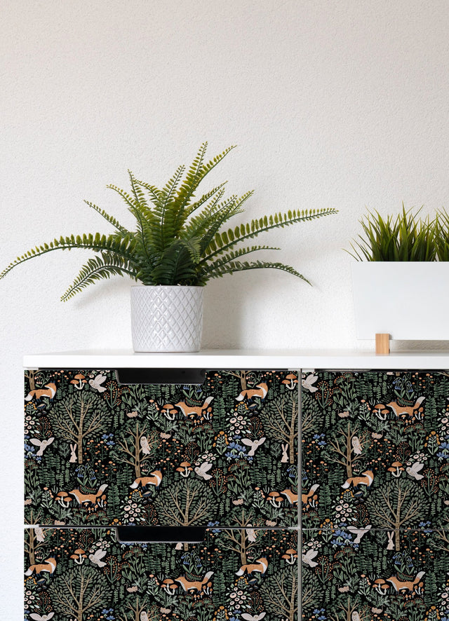 Clara Jean Folklore Forest Black Peel & Stick Wallpaper with Scandinavian Woodland Animal Motif - York RMK12558PLW