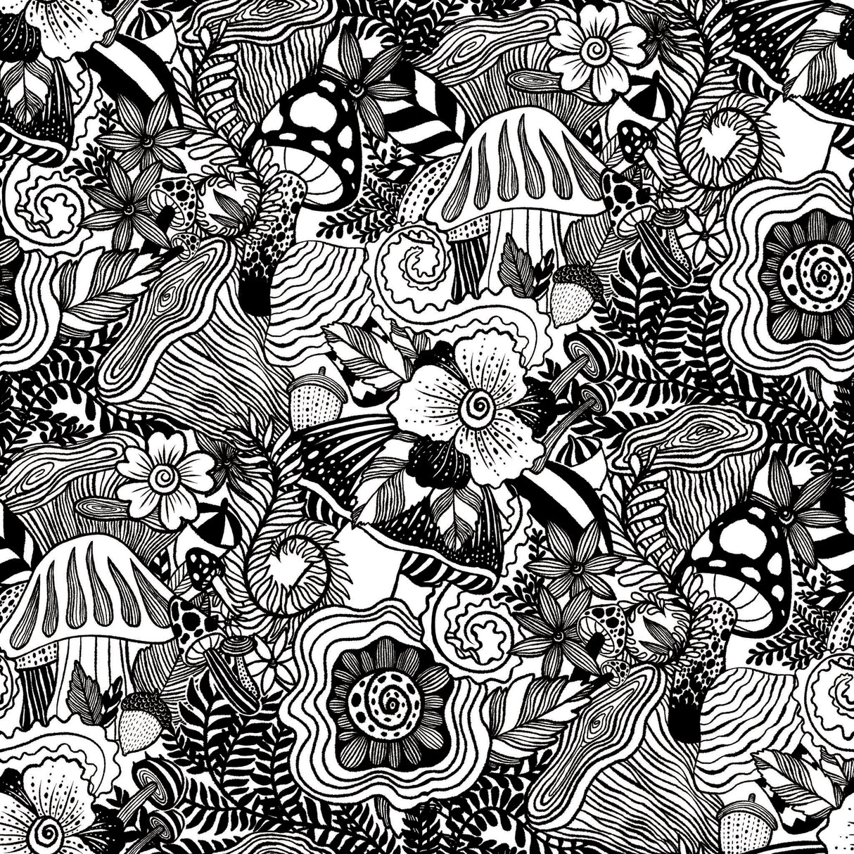Mushroom Magic Black Peel & Stick Wallpaper with Modern Botanical Novelty Pattern - York RMK12566RL