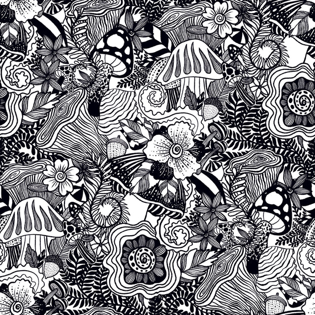 Mushroom Magic Black Peel & Stick Wallpaper with Modern Botanical Novelty Pattern - York RMK12566RL