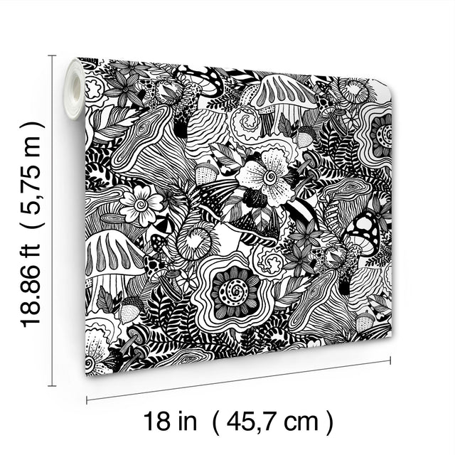 Mushroom Magic Black Peel & Stick Wallpaper with Modern Botanical Novelty Pattern - York RMK12566RL