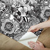 Mushroom Magic Black Peel & Stick Wallpaper with Modern Botanical Novelty Pattern - York RMK12566RL