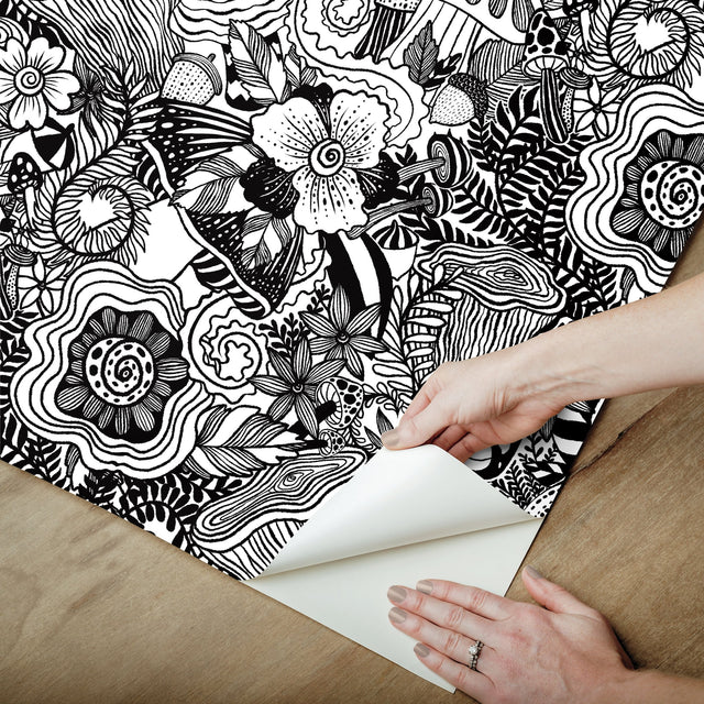 Mushroom Magic Black Peel & Stick Wallpaper with Modern Botanical Novelty Pattern - York RMK12566RL