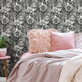 Mushroom Magic Black Peel & Stick Wallpaper with Modern Botanical Novelty Pattern - York RMK12566RL