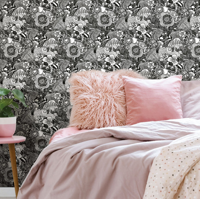 Mushroom Magic Black Peel & Stick Wallpaper with Modern Botanical Novelty Pattern - York RMK12566RL