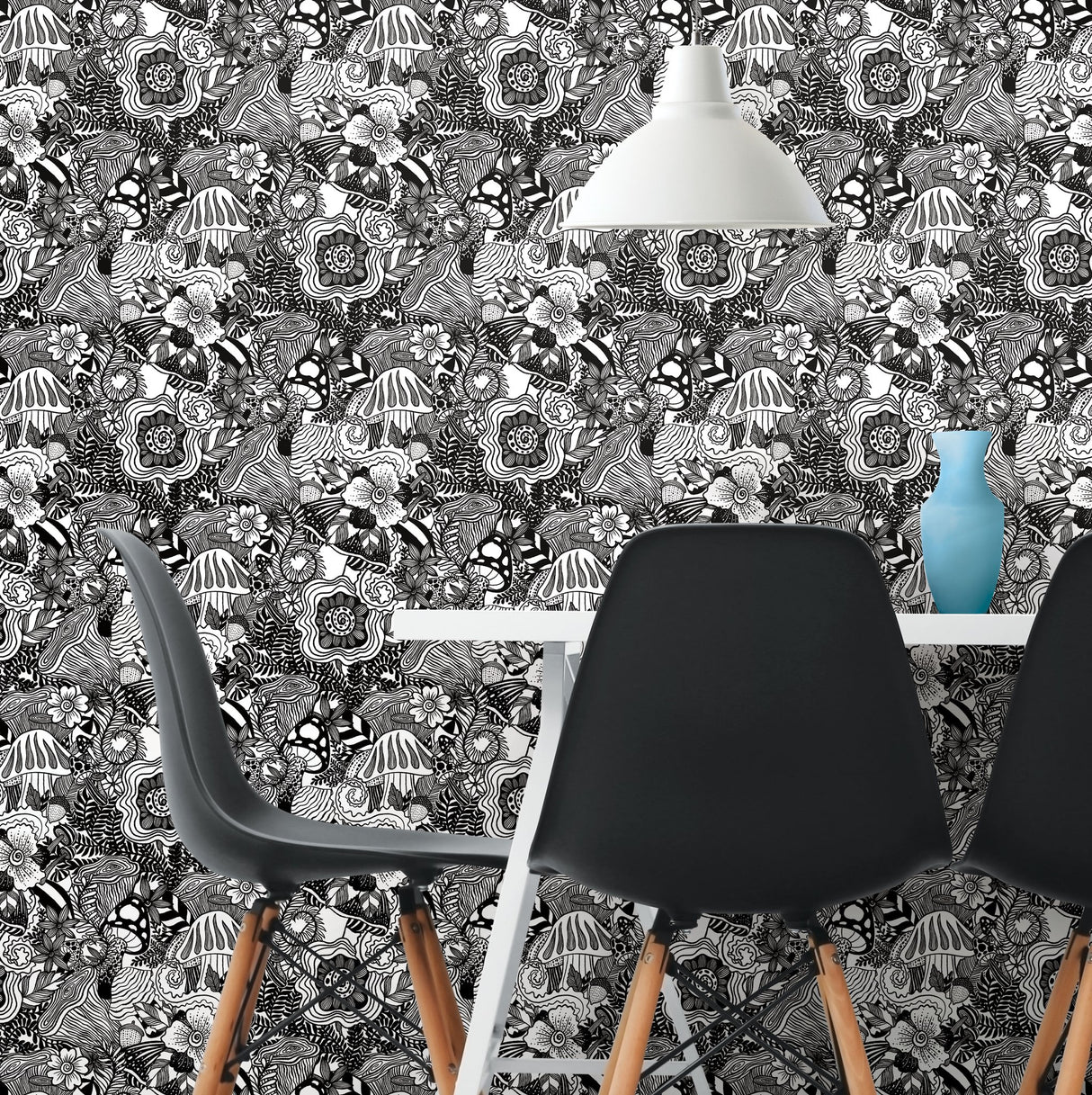 Mushroom Magic Black Peel & Stick Wallpaper with Modern Botanical Novelty Pattern - York RMK12566RL