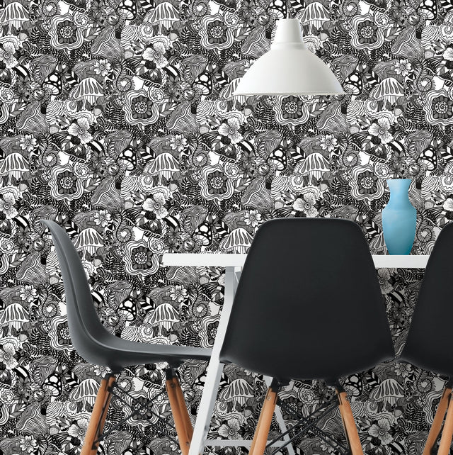 Mushroom Magic Black Peel & Stick Wallpaper with Modern Botanical Novelty Pattern - York RMK12566RL