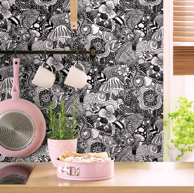 Mushroom Magic Black Peel & Stick Wallpaper with Modern Botanical Novelty Pattern - York RMK12566RL