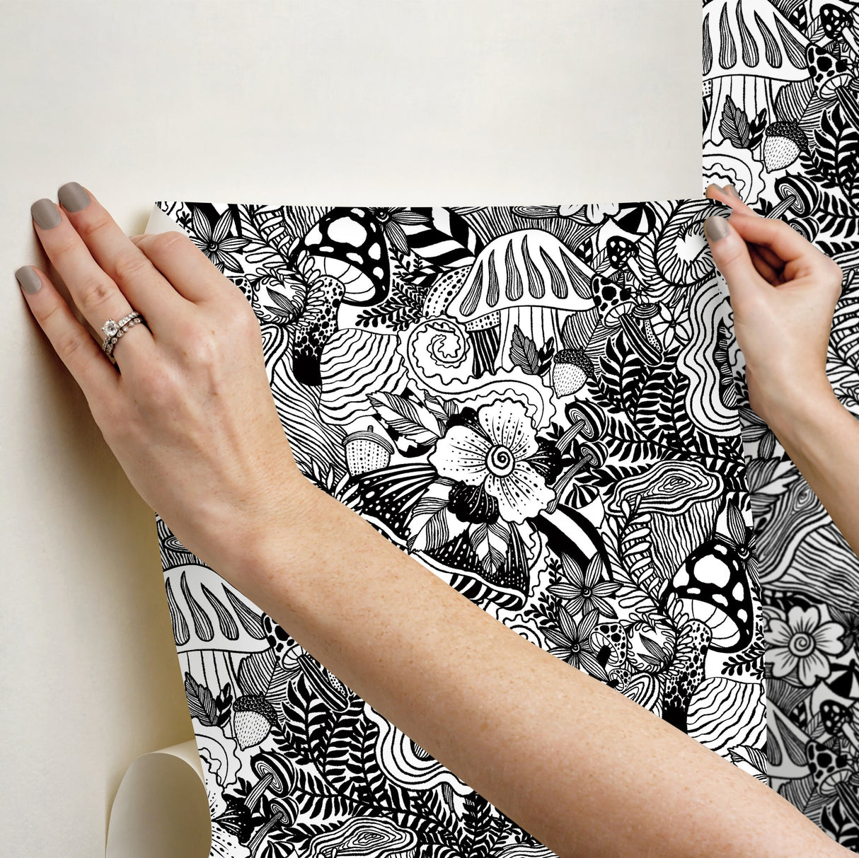 Mushroom Magic Black Peel & Stick Wallpaper with Modern Botanical Novelty Pattern - York RMK12566RL