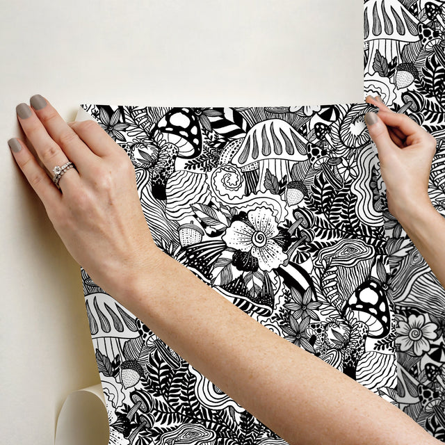 Mushroom Magic Black Peel & Stick Wallpaper with Modern Botanical Novelty Pattern - York RMK12566RL