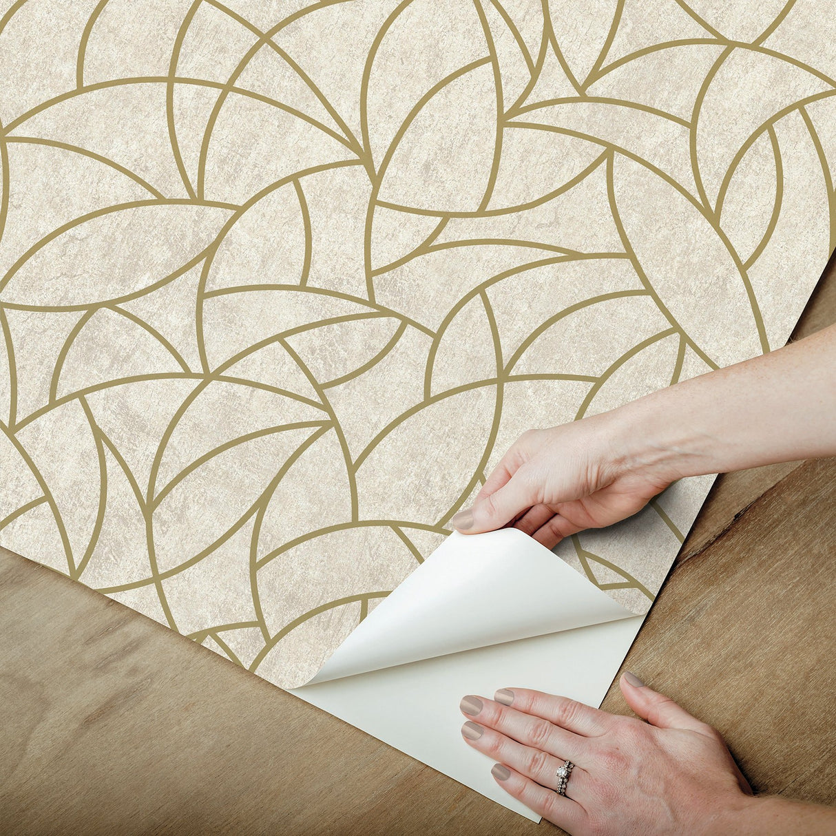 Modern Crescent Moon Neutral & Gold Peel & Stick Wallpaper with Geometric Abstract Pattern - York RMK12567PL