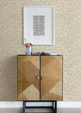 Modern Crescent Moon Neutral & Gold Peel & Stick Wallpaper with Geometric Abstract Pattern - York RMK12567PL